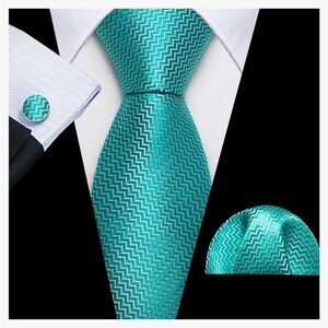 🆕 Barry Wang Silk Tie, turquoise with faint white pattern, cuff links & tie clip